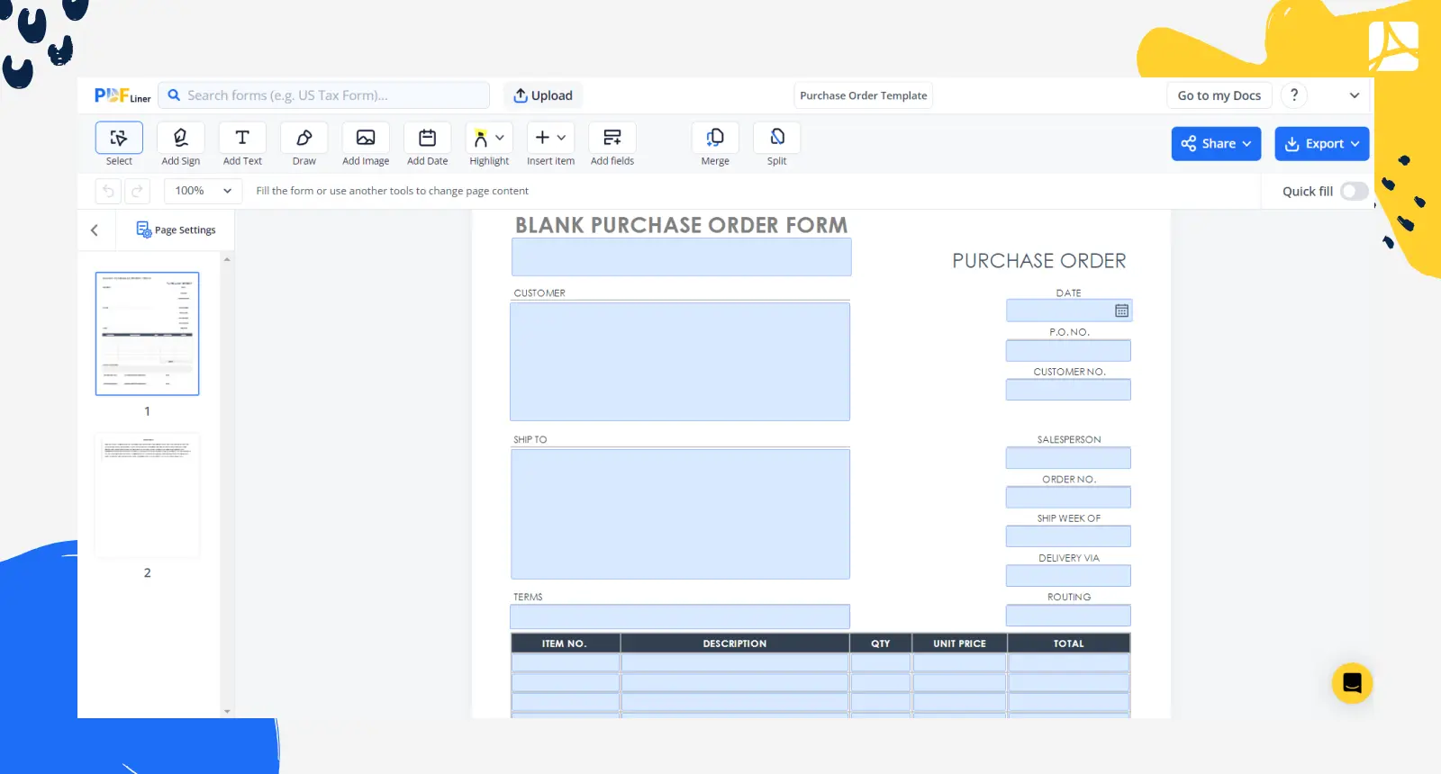 Purchase Order Template Form Screenshot