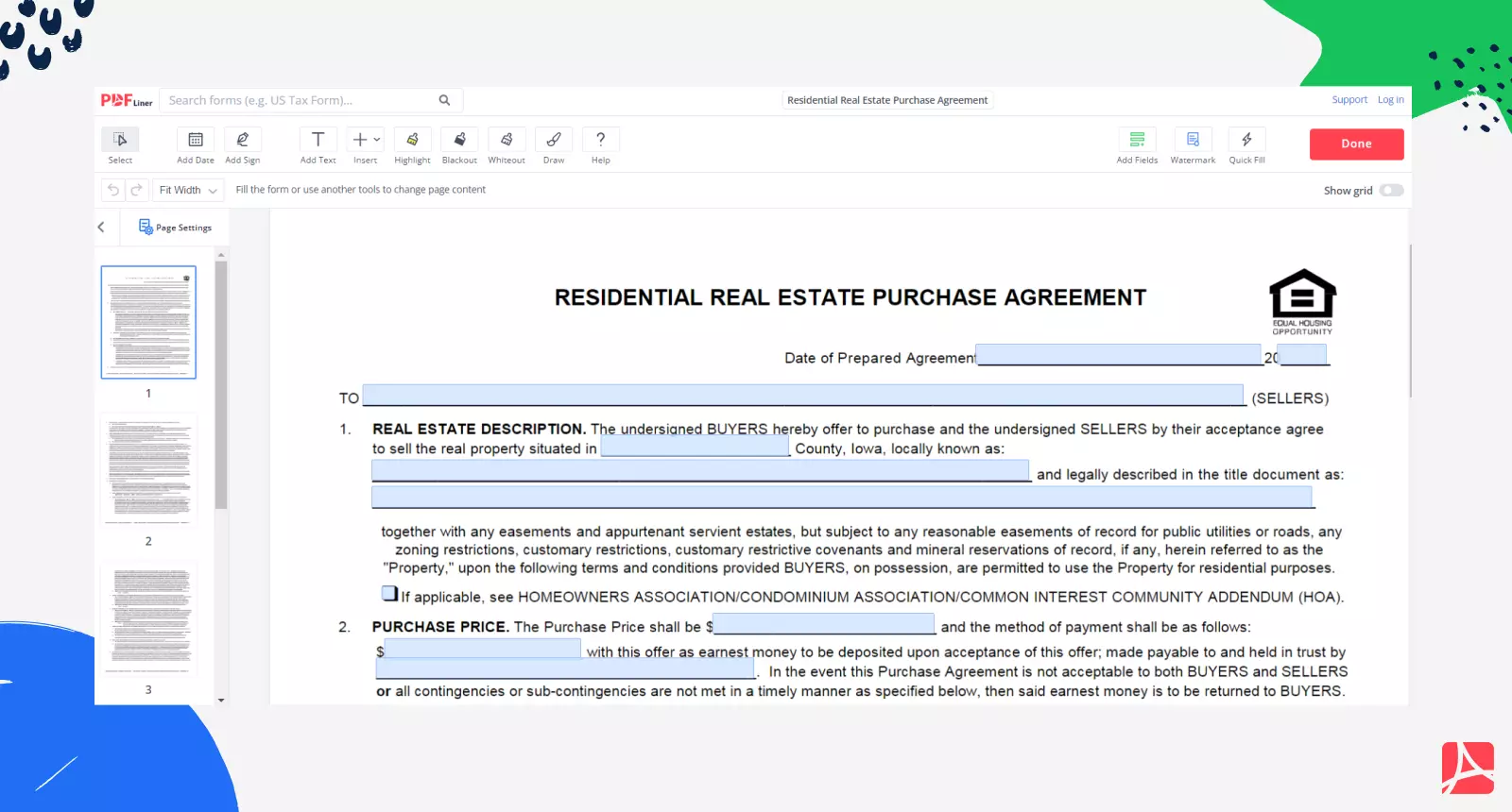 Residential Real Estate Purchase Agreement on PDFLiner