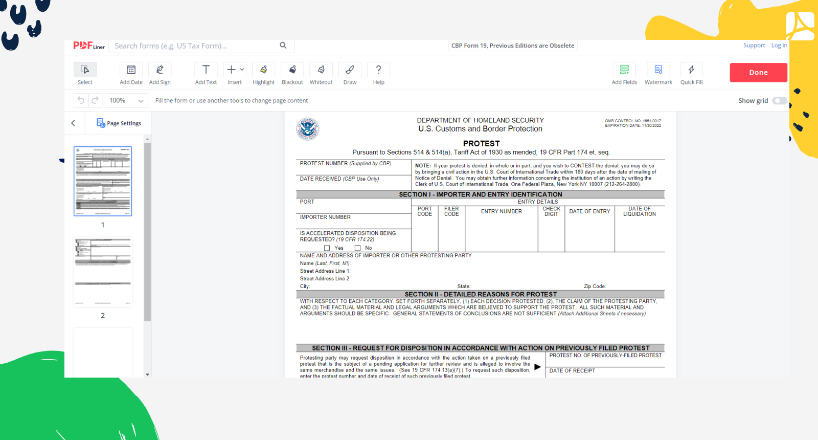 Fillable CBP Form 19, Previous Editions are Obselete Screenshot
