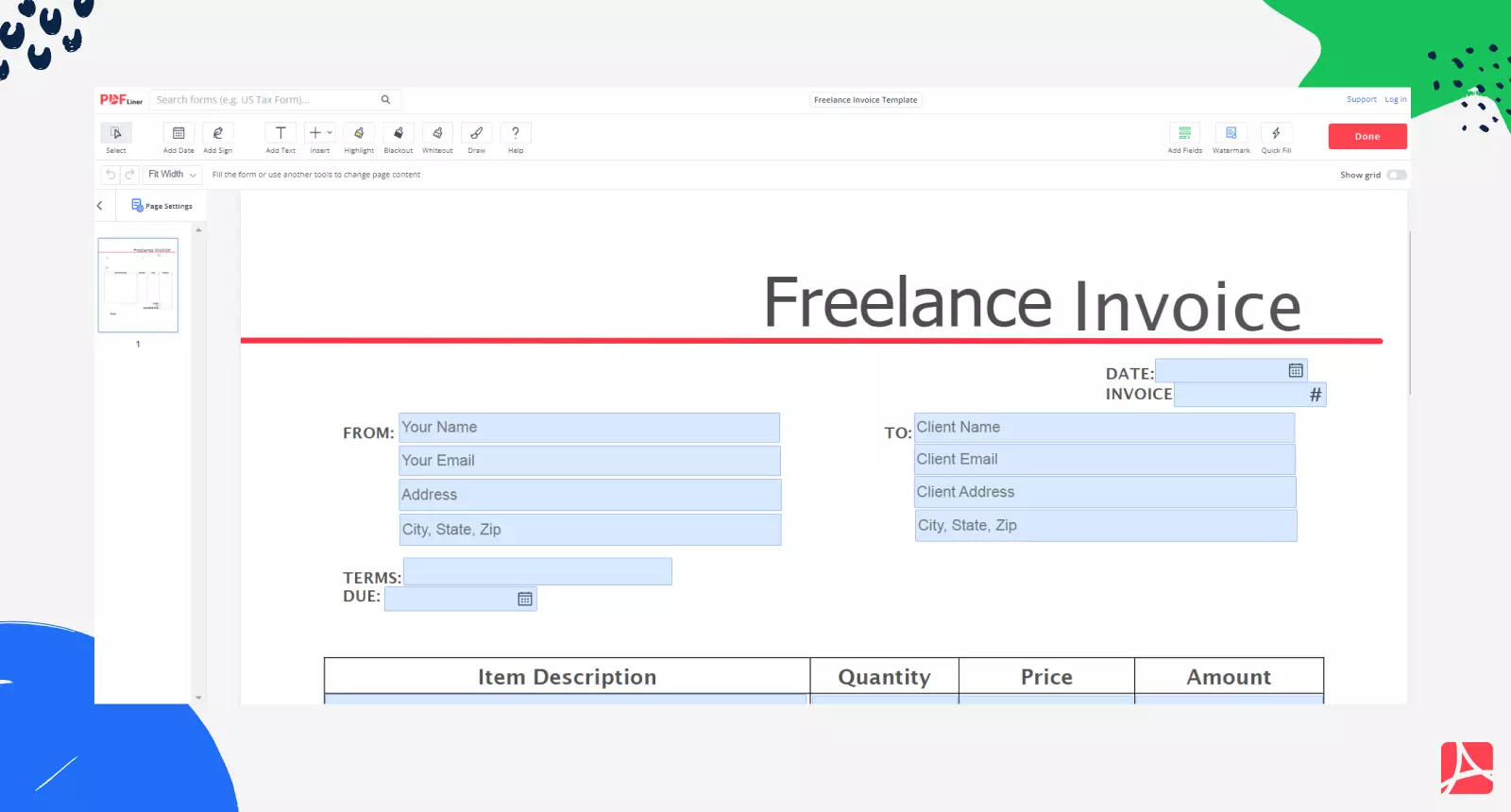 Freelance Invoice Template on PDFLiner