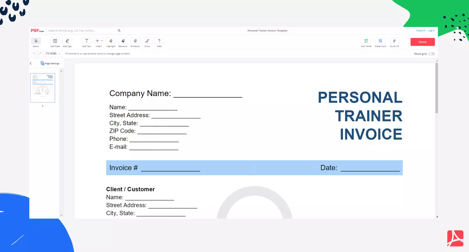 Personal Trainer Invoice Template on PDFLiner