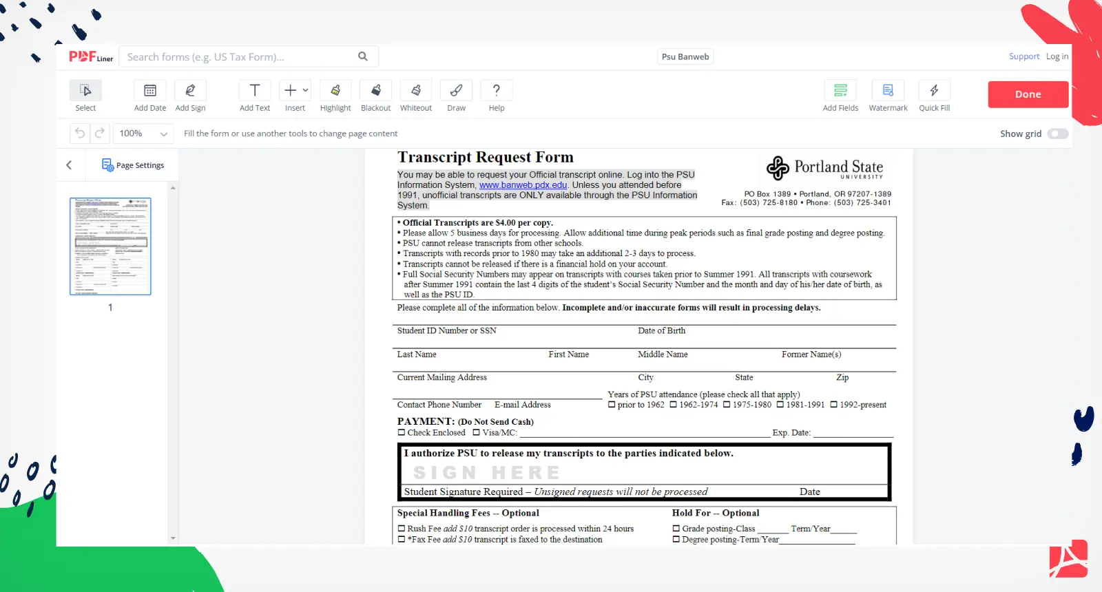 PSU Banweb Form Screenshot
