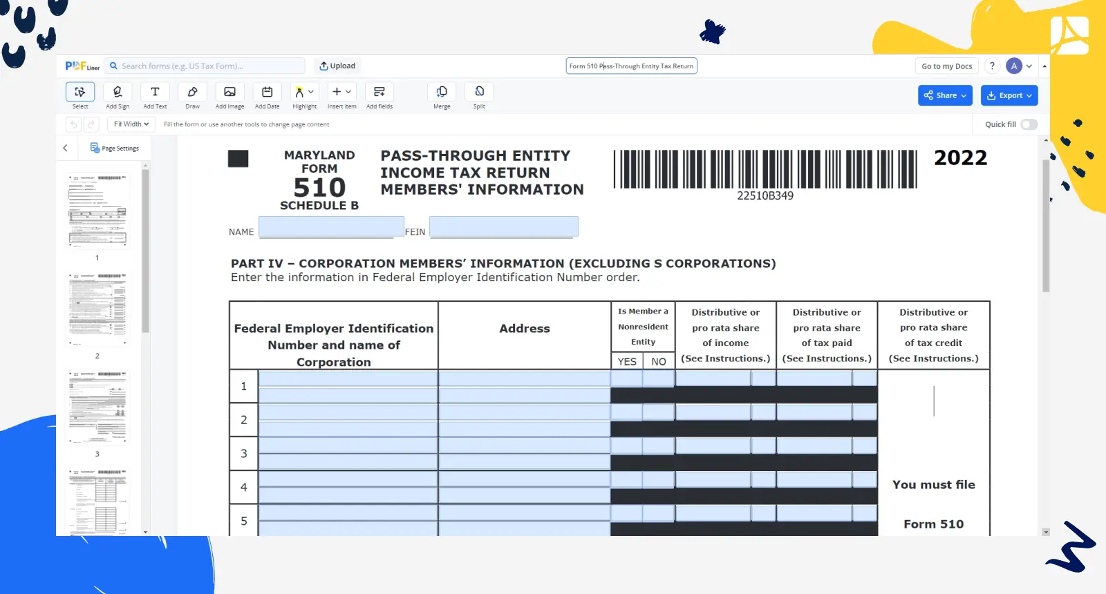 Form 510 Pass-Through Entity Tax Return screenshot