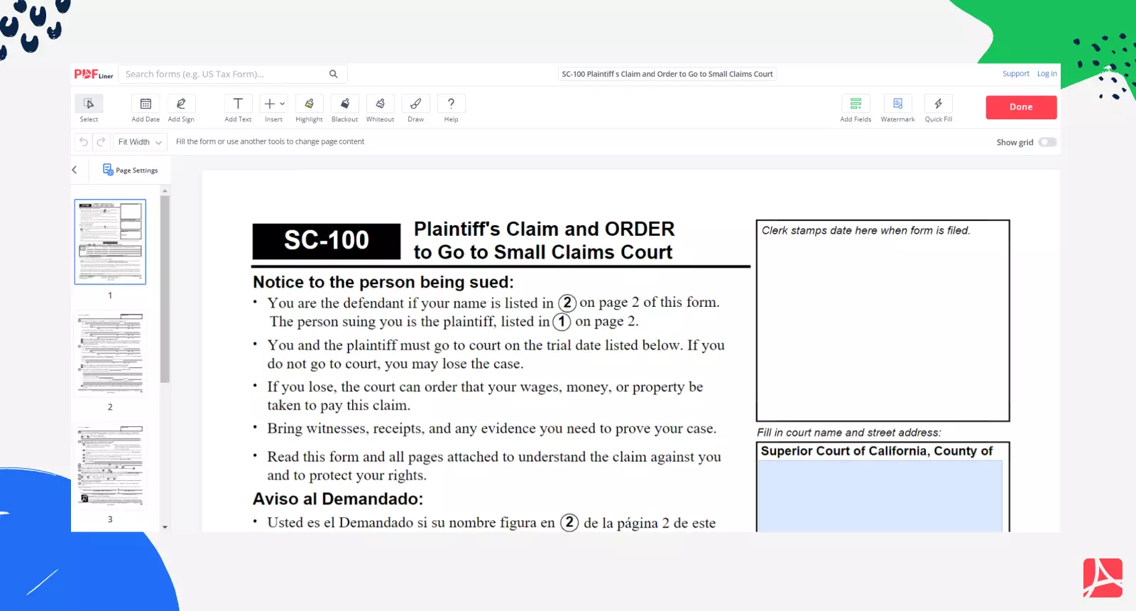 SC-100 Plaintiff s Claim on PDFLiner
