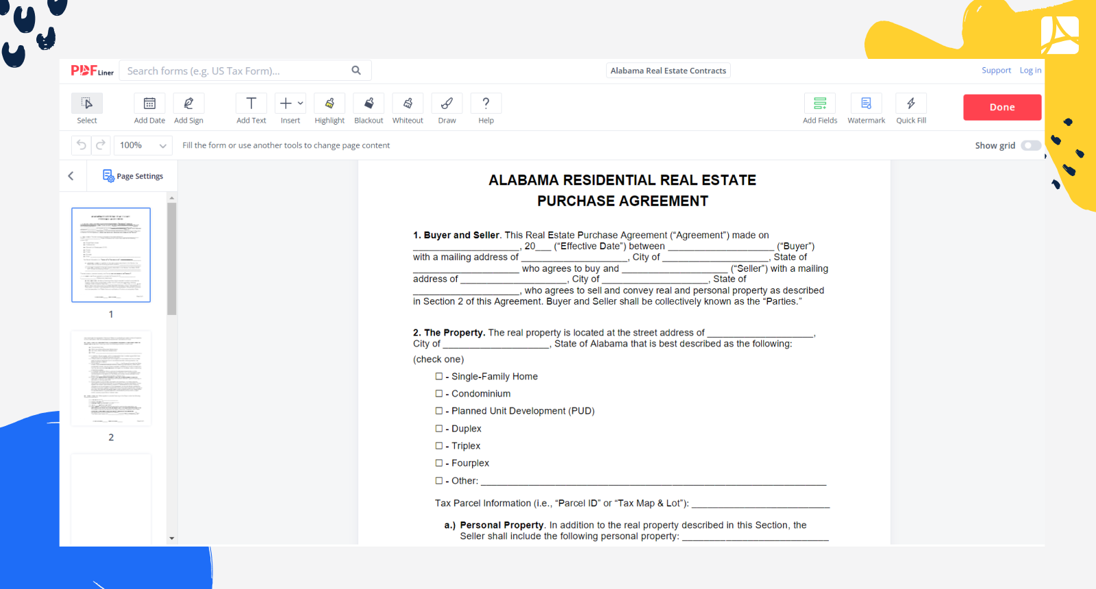 Alabama Real Estate Contracts Form Screenshot