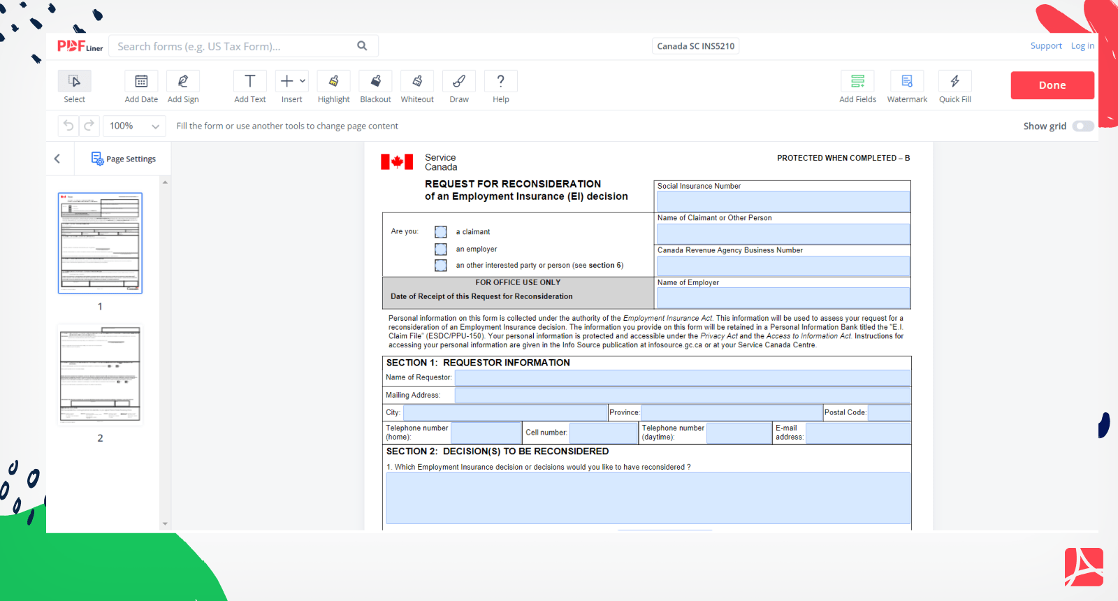 Canada SC INS5210 Form Screenshot