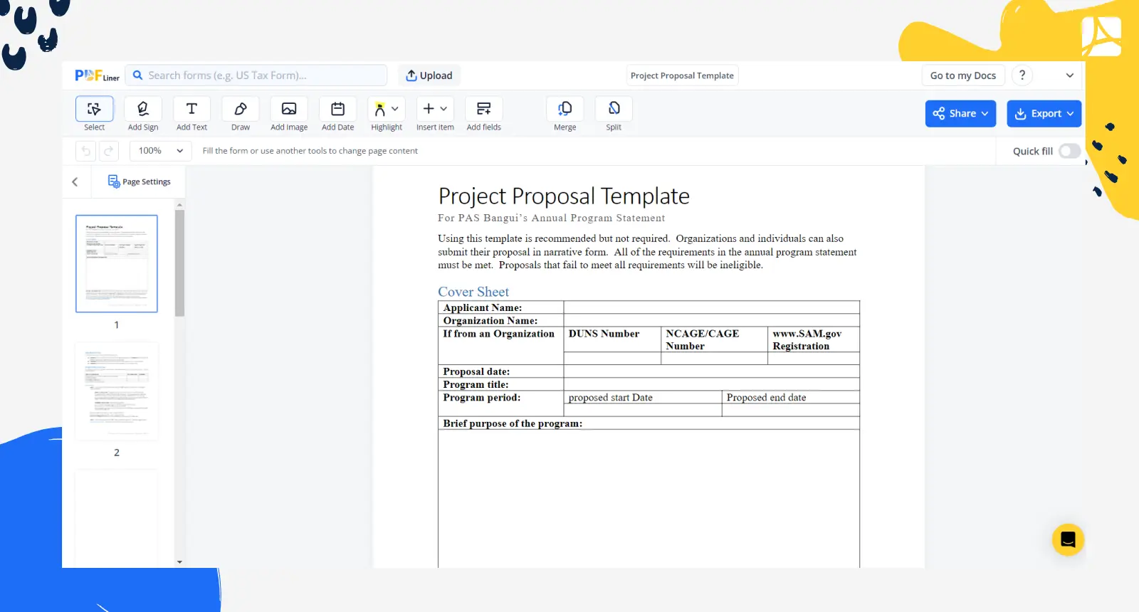 Project Proposal Template Form Screenshot