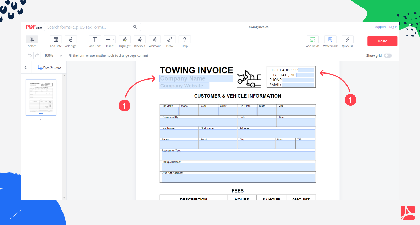 Towing Invoice screenshot step 1