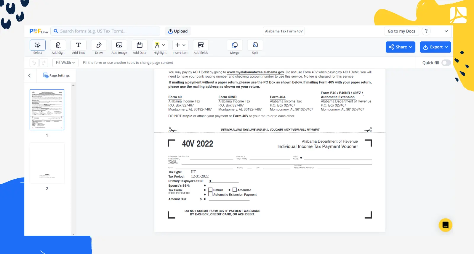Alabama Tax Form 40V Screenshot
