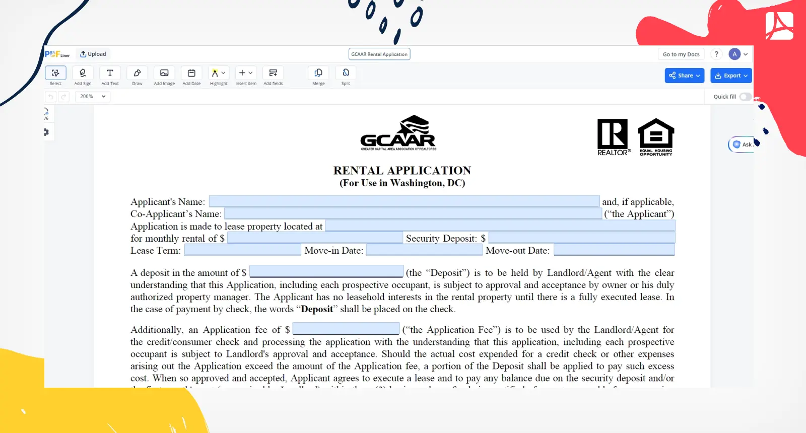 GCAAR Rental Application PDFLiner screenshot