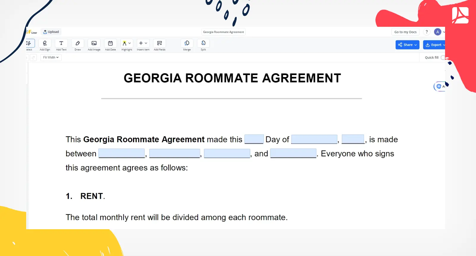 Georgia Roommate Agreement PDFLiner screenshot