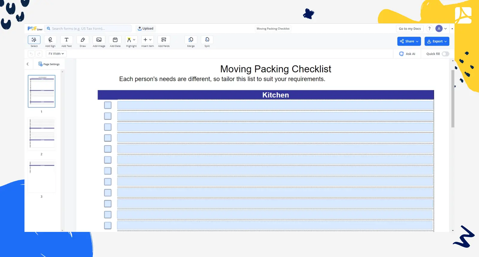 moving packing checklist screenshot