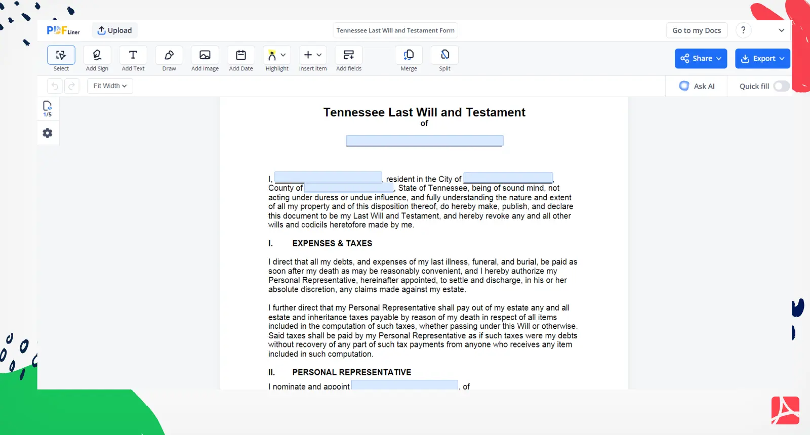 Tennessee Last Will and Testament Form Screenshot