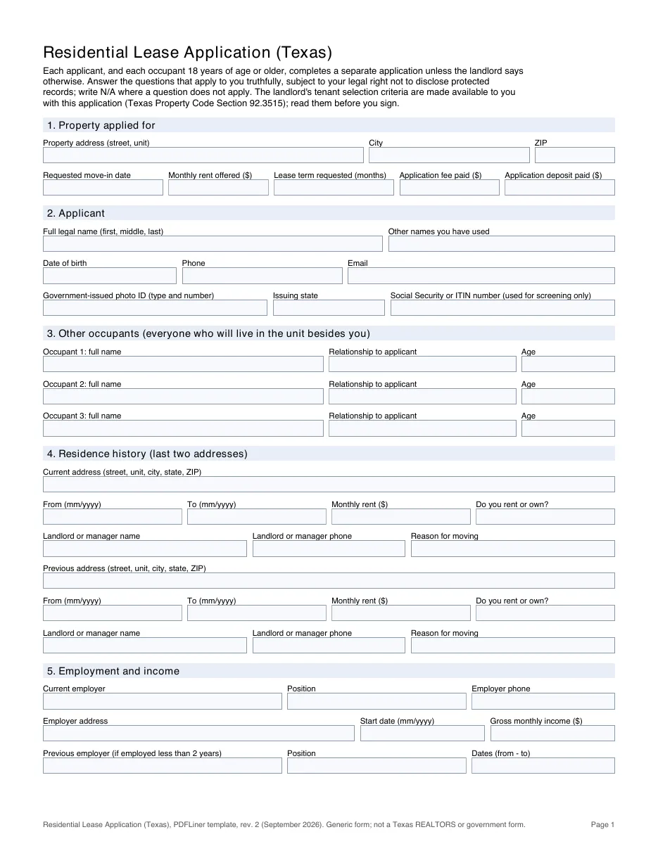 Texas residential lease application template, page 1 (PDFLiner)