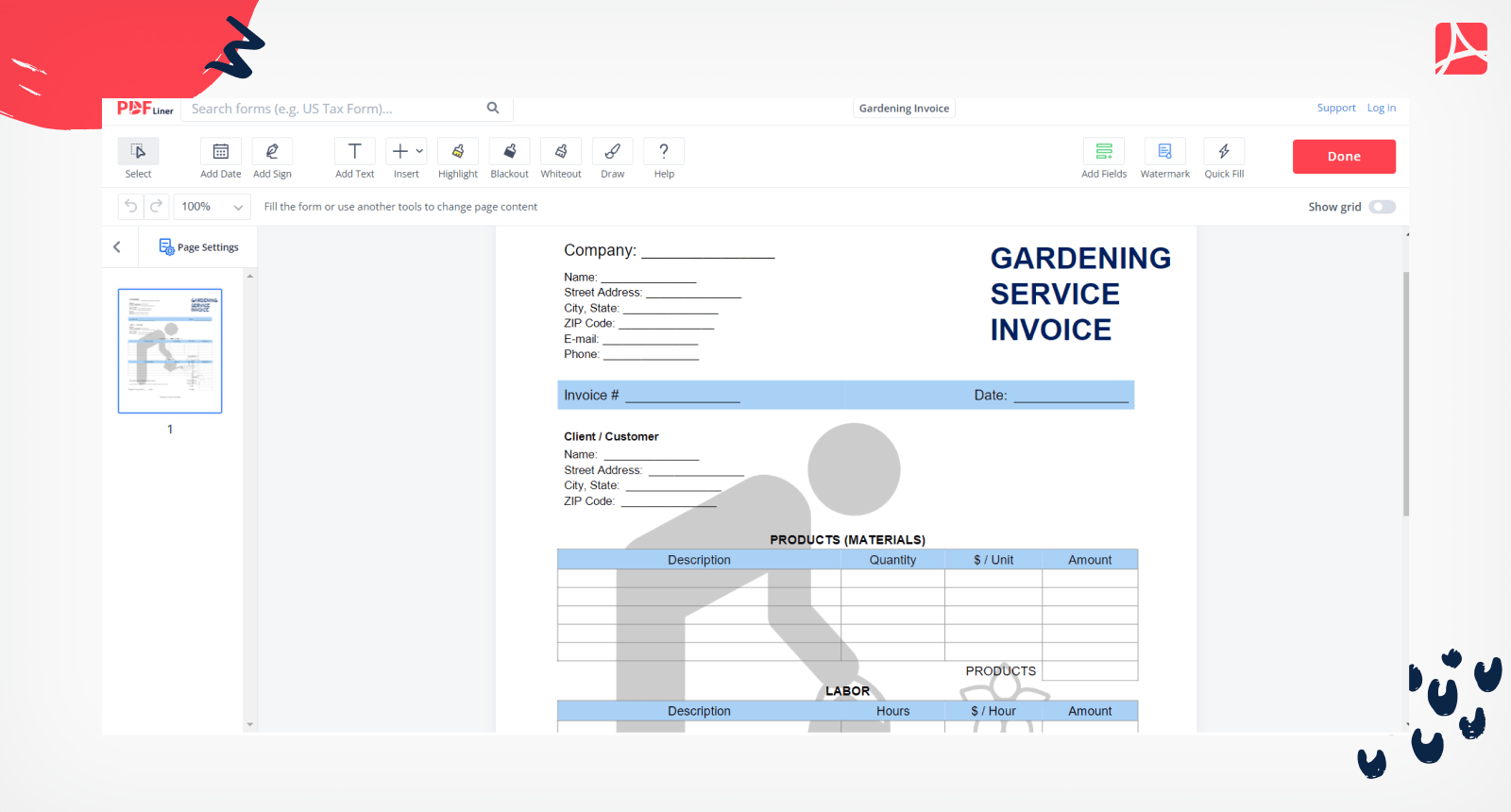 Gardening Invoice on PDFLiner