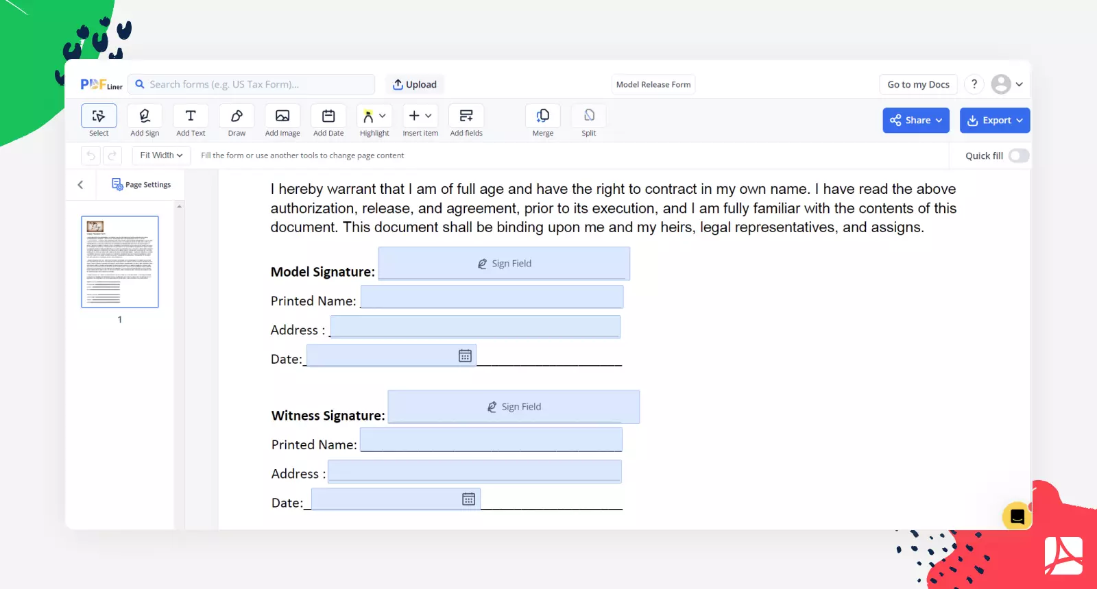 Model Release Form screenshot