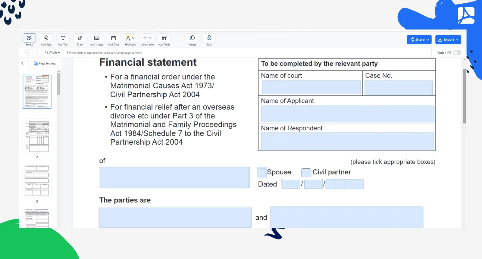 Form E Financial statement screenshot