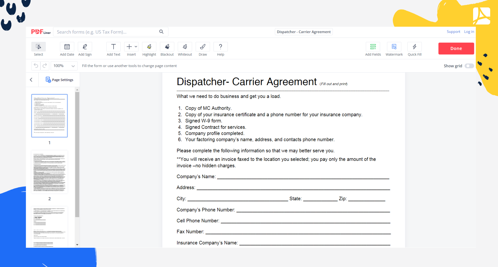 Dispatcher - Carrier Agreement Form Screenshot