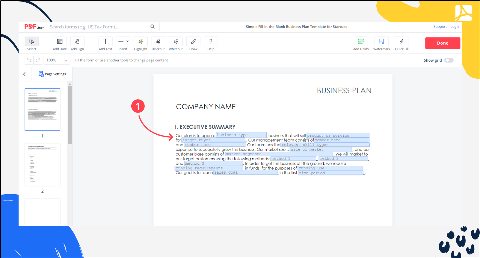 Simple Fill-In-the-Blank Business Plan Template for Startups screenshot step 1