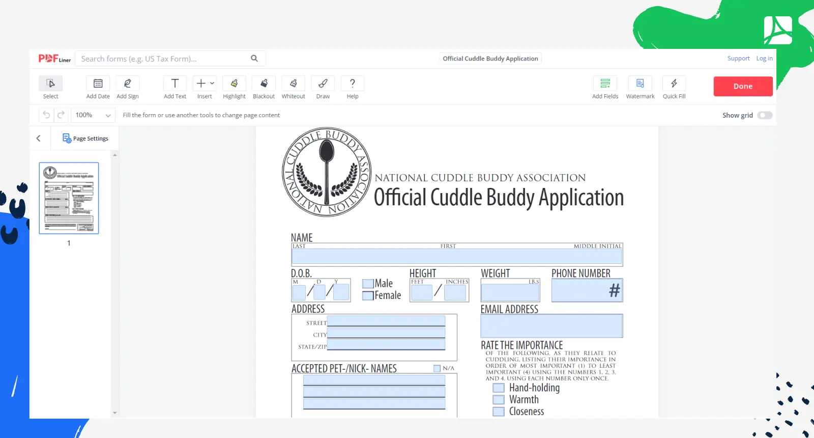 Official Cuddle Buddy Application Form Screenshot