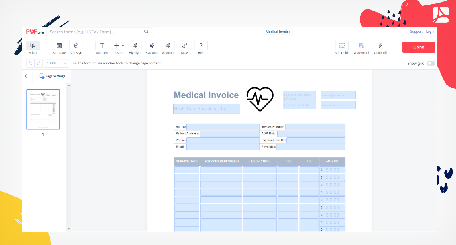 Medical Invoice Form Screenshot