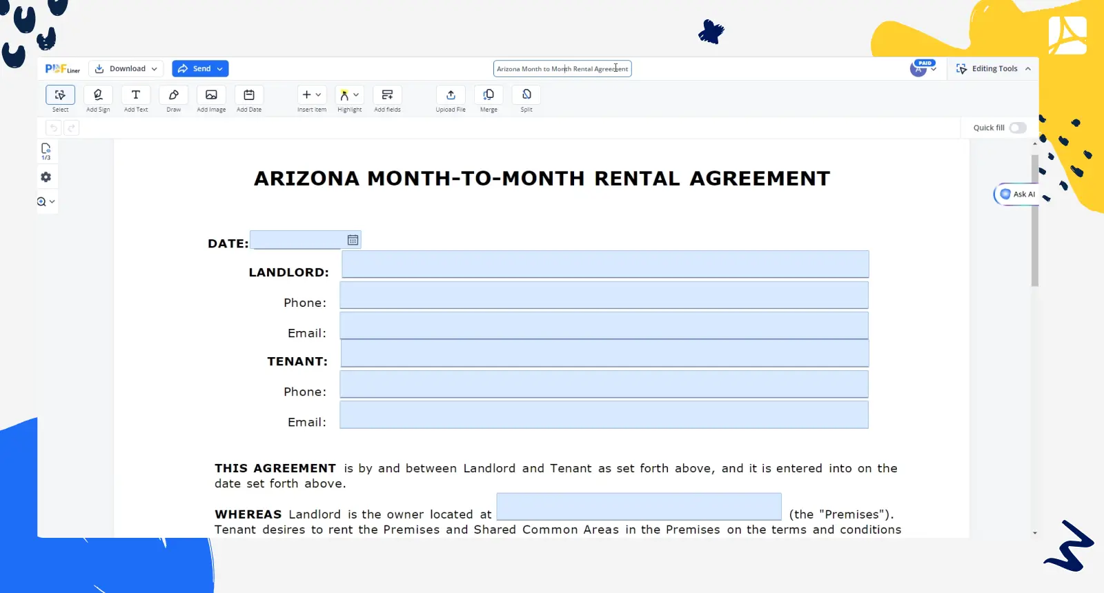 Arizona Month to Month Rental Agreement PDFLiner screenshot