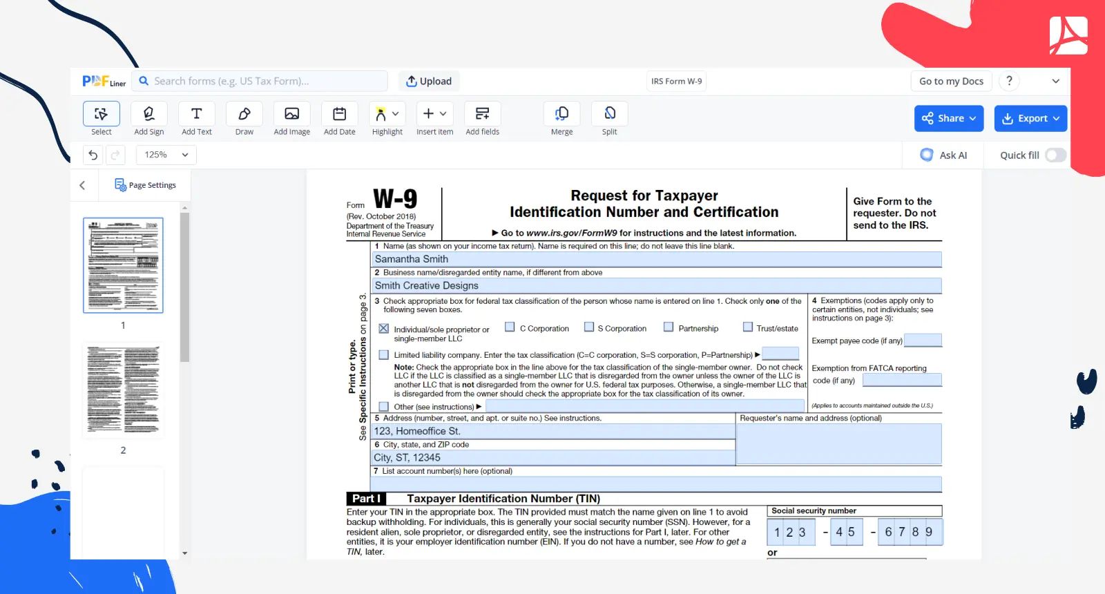 Form W-9 second example screenshot