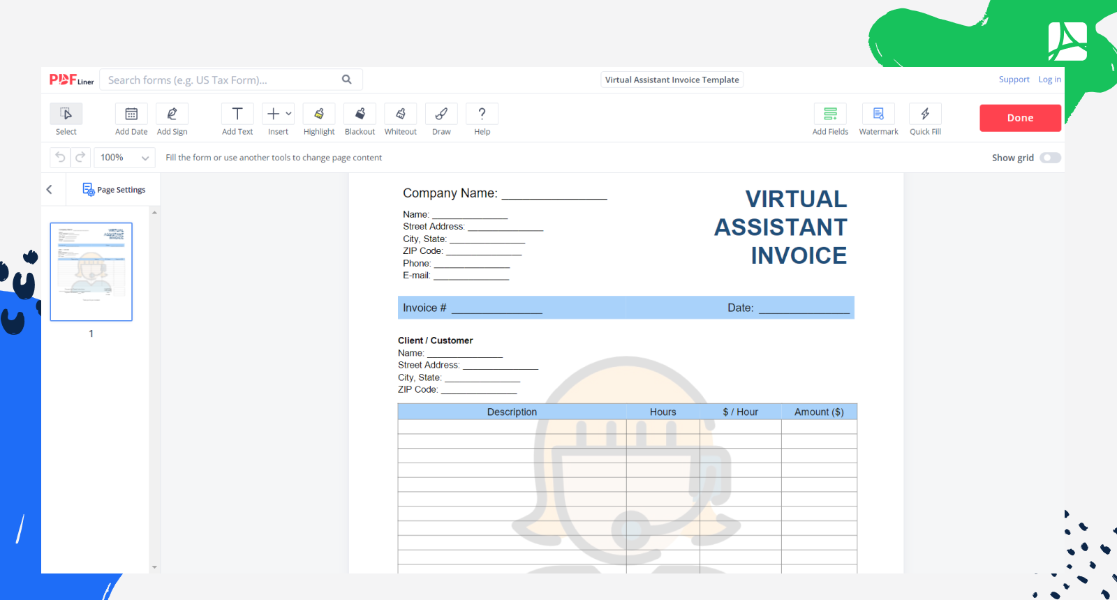 Virtual Assistant Invoice Template Screenshot