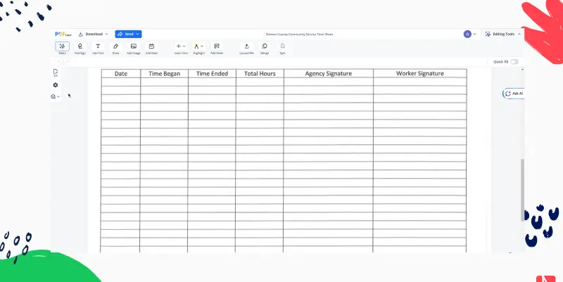 Denton County Community Service Time Sheet