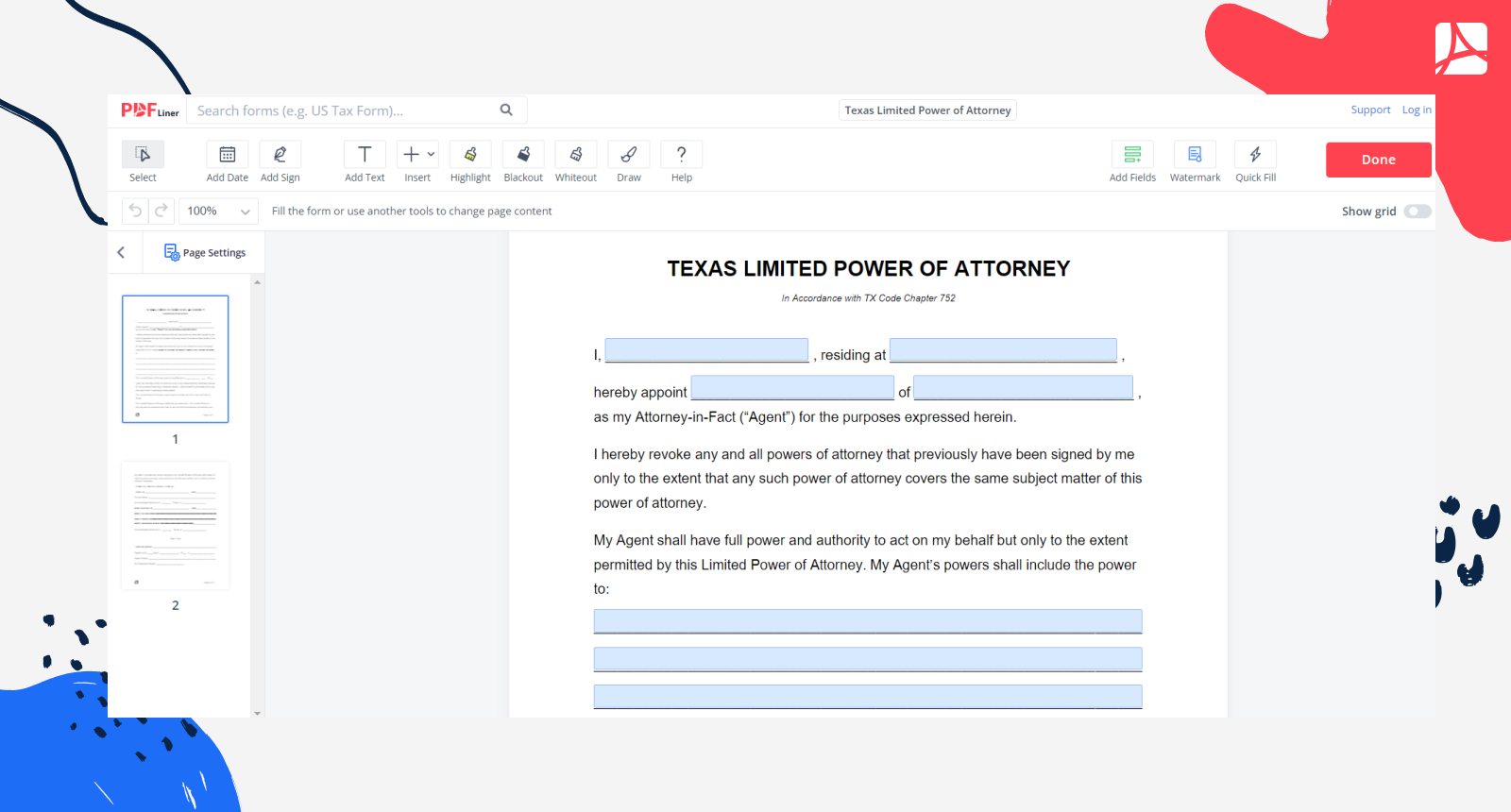 Texas Limited Power of Attorney Form Screenshot