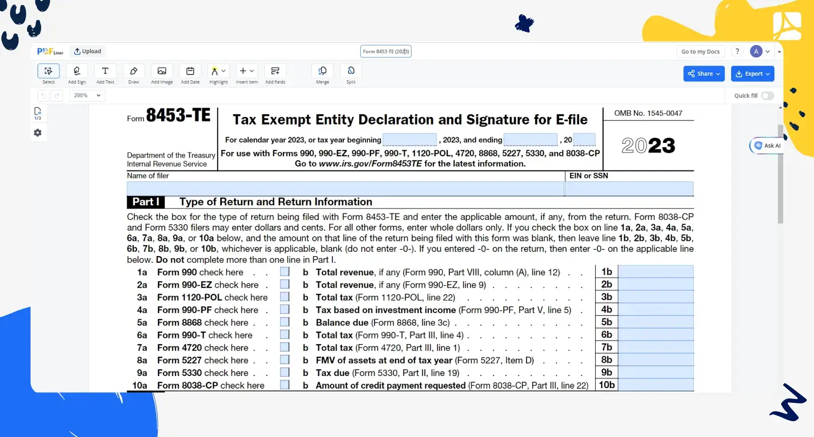 Form 8453-TE (2023) PDFLiner screenshot 