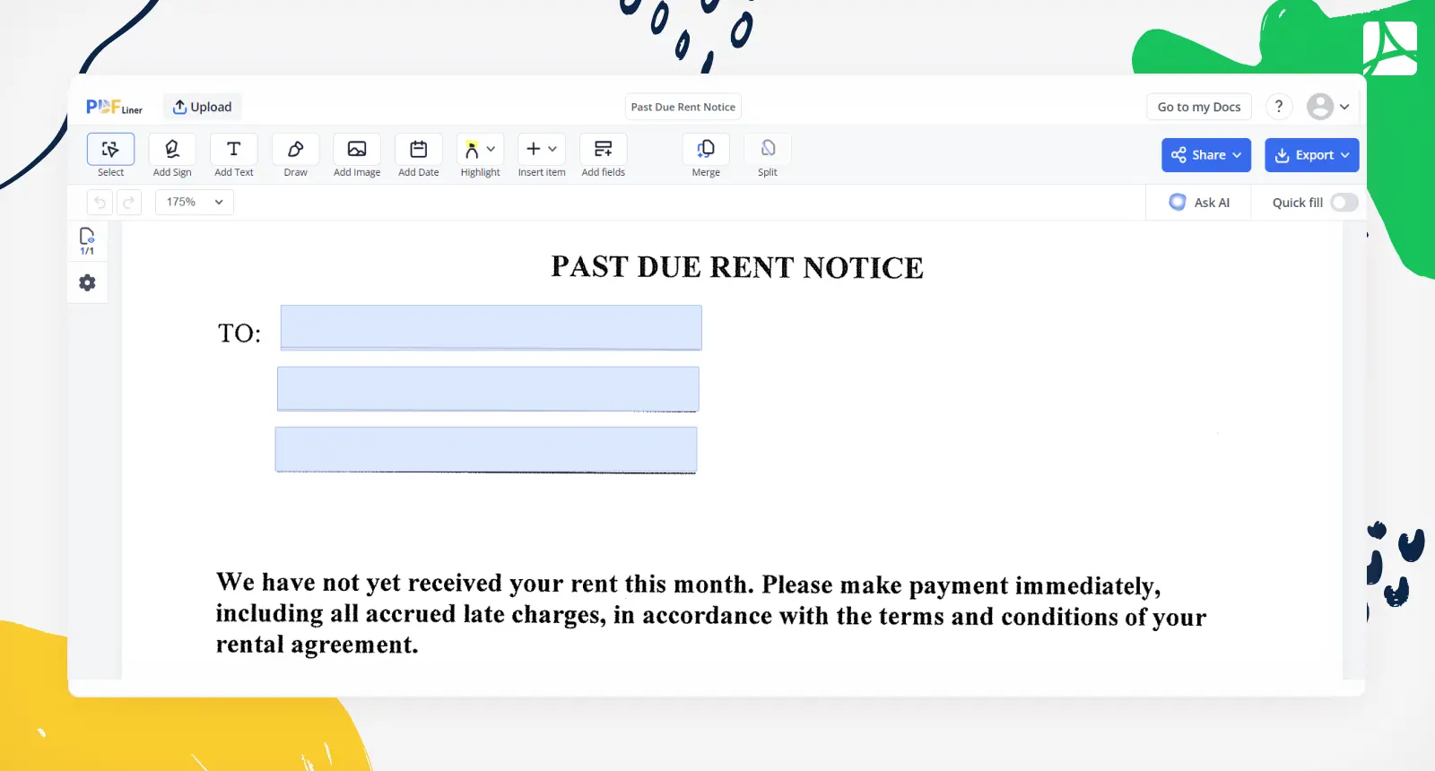 Past due rent notice PDF screenshot