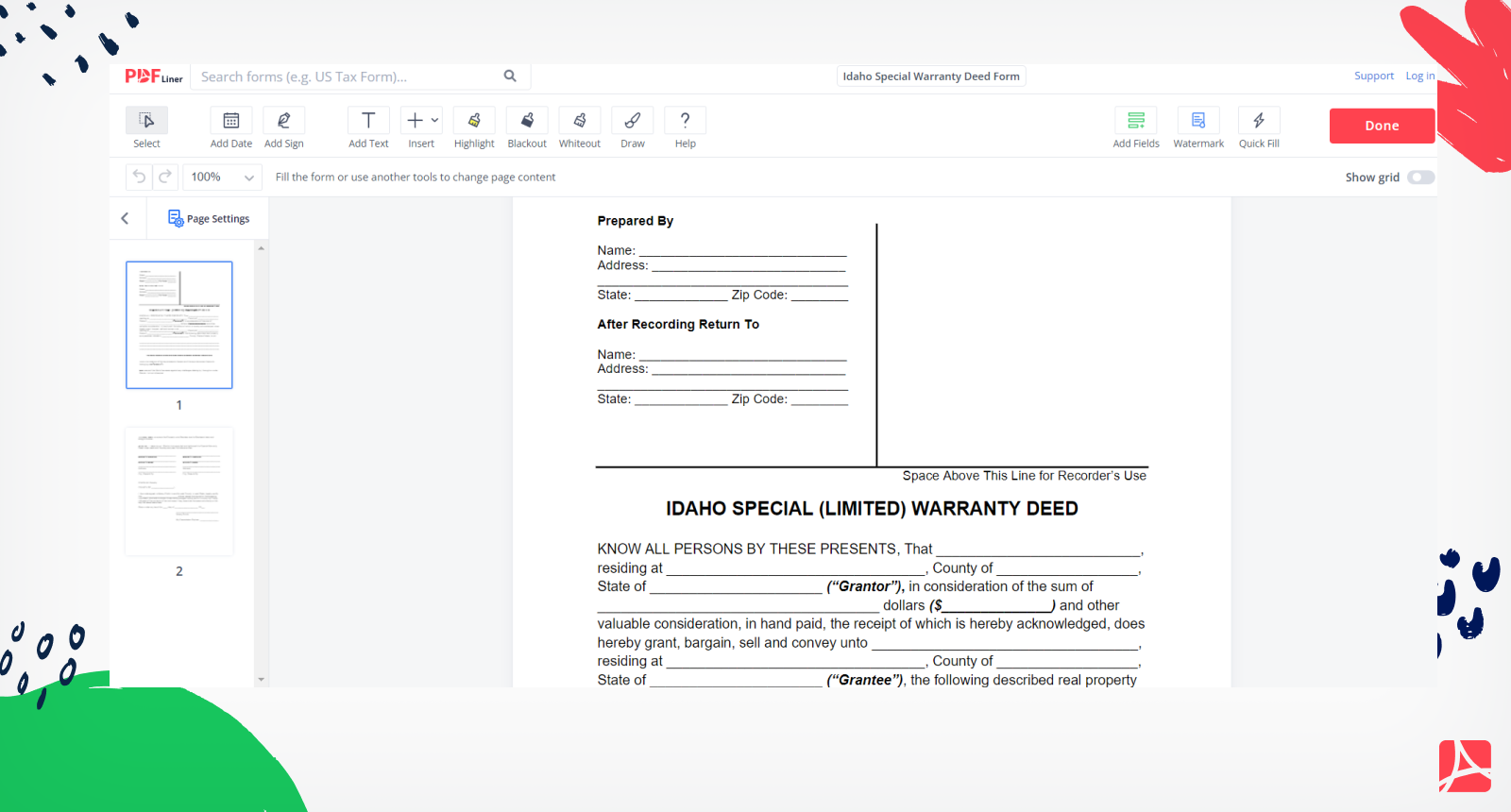 Idaho Special Warranty Deed Form Screenshot