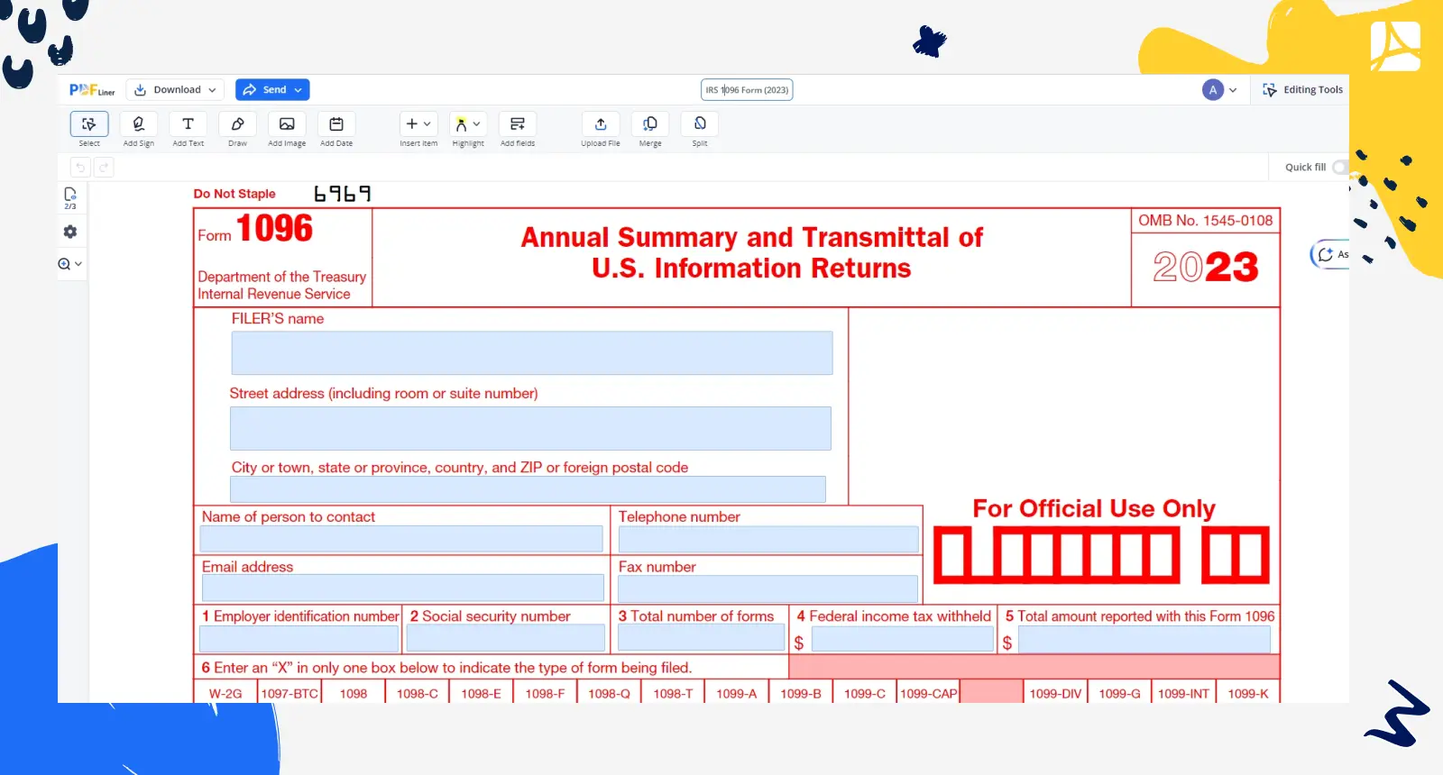 IRS 1096 Form (2023) screenshot