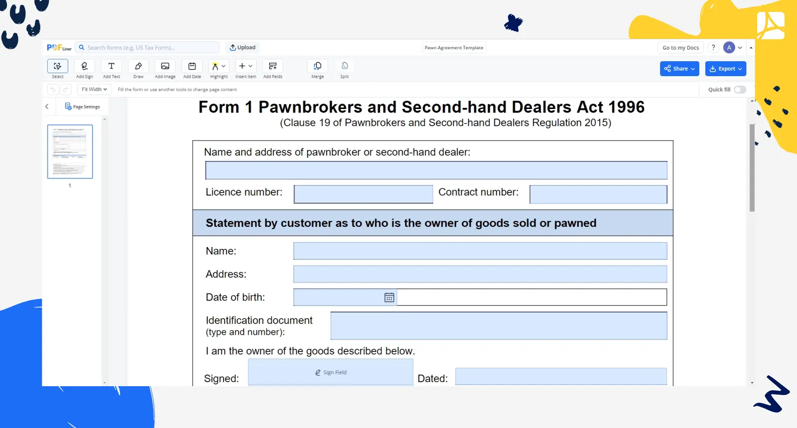 Pawn Agreement Template screenshot