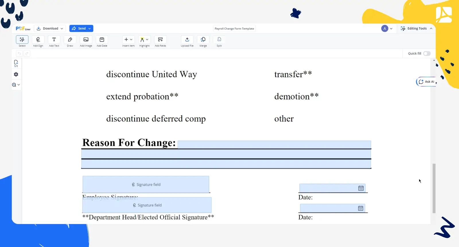 payroll change form template 1 screenshot PDFliner