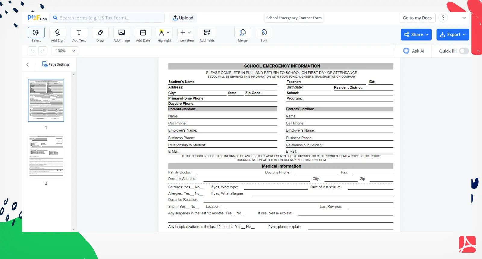 School Emergency Contact Form Screenshot