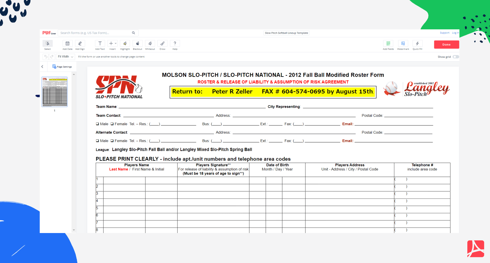 Slow Pitch Softball Lineup Template on PDFLiner