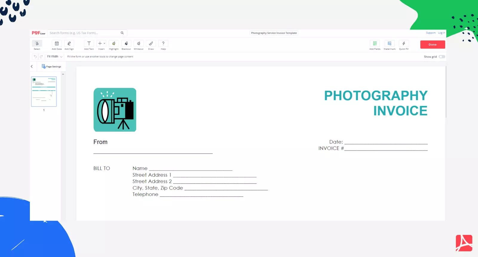 Photography Service Invoice on PDFLiner