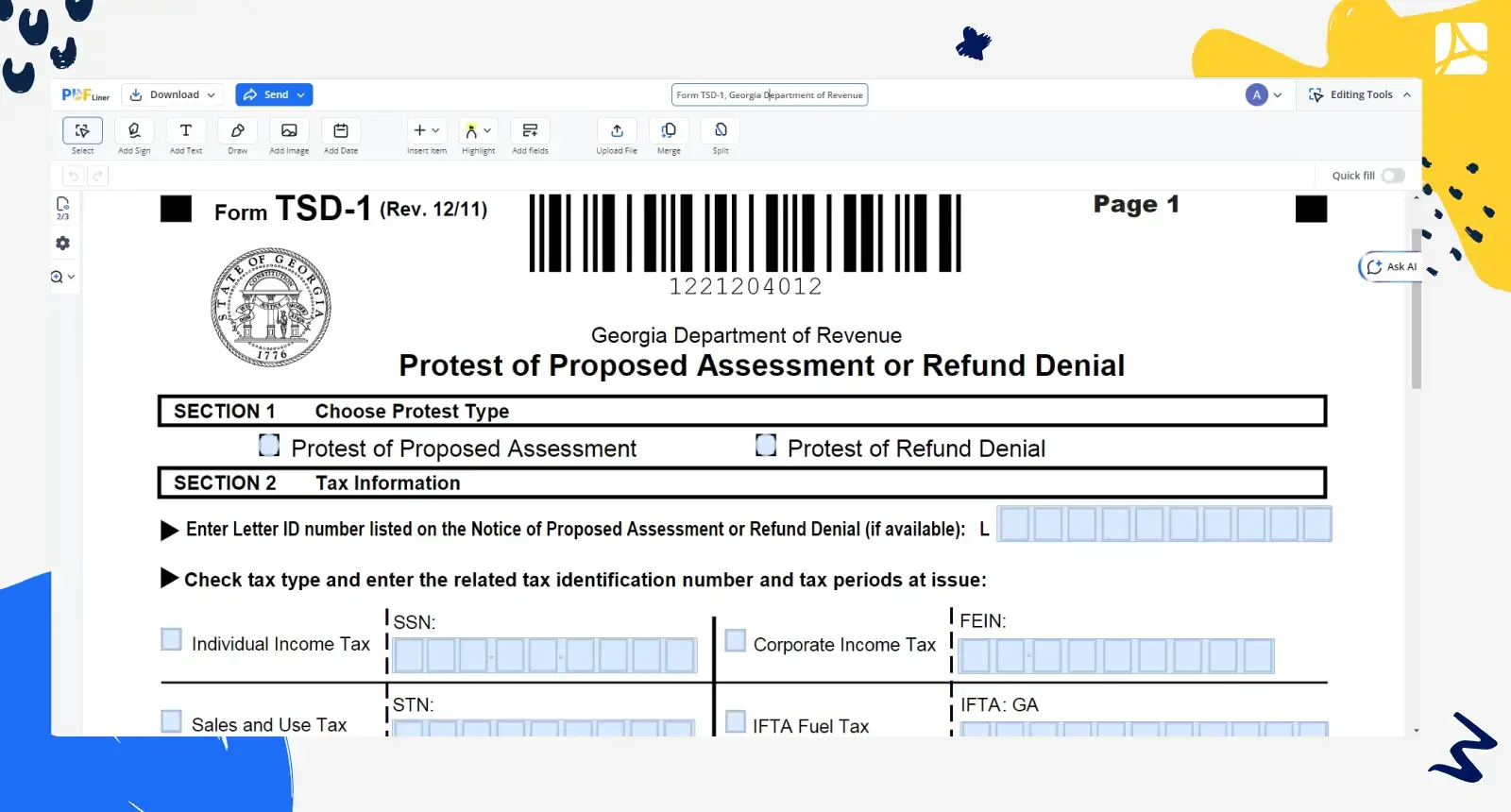 form tsd1 georgia screenshot PDFliner