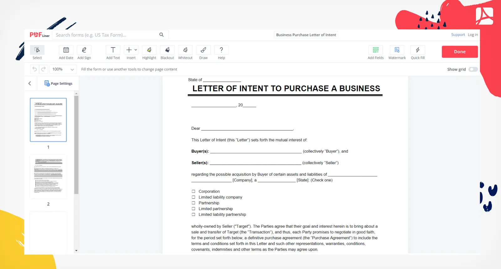 Business Purchase Letter of Intent Form Screenshot