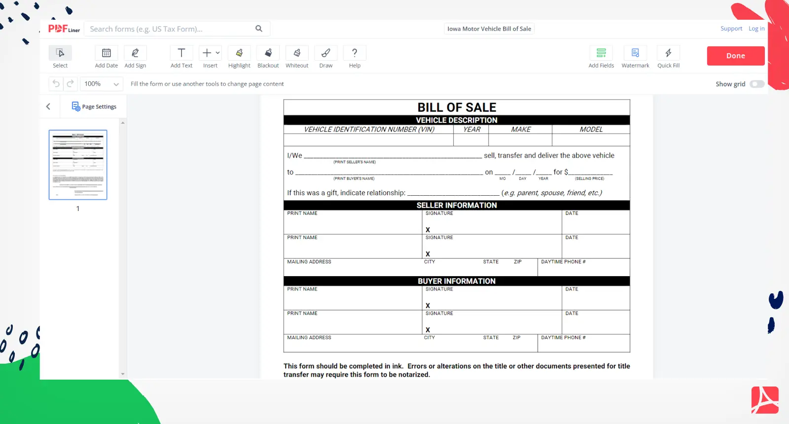 Iowa Motor Vehicle Bill of Sale Form Screenshot