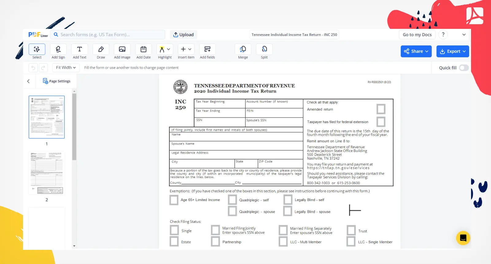 INC 250 Form Screenshot