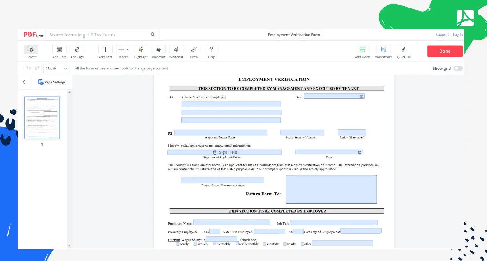 Employment Verification Form Screenshot