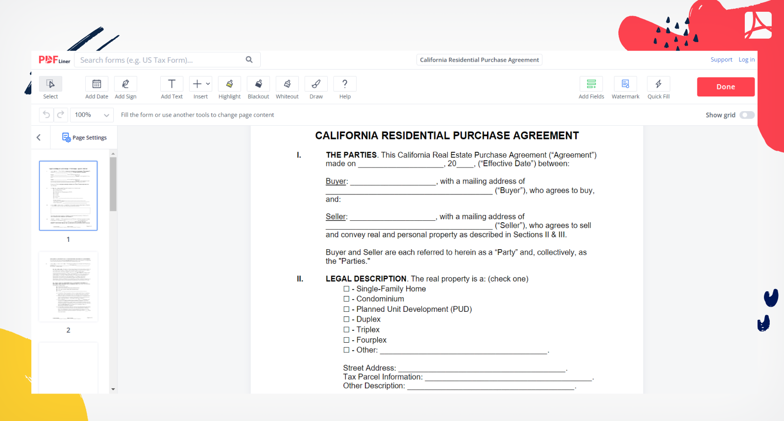 California Residential Purchase Agreement Form Screenshot