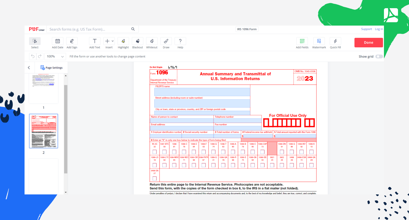 IRS 1096 Form 2023 Printable Blank Sign Forms Online PDFliner