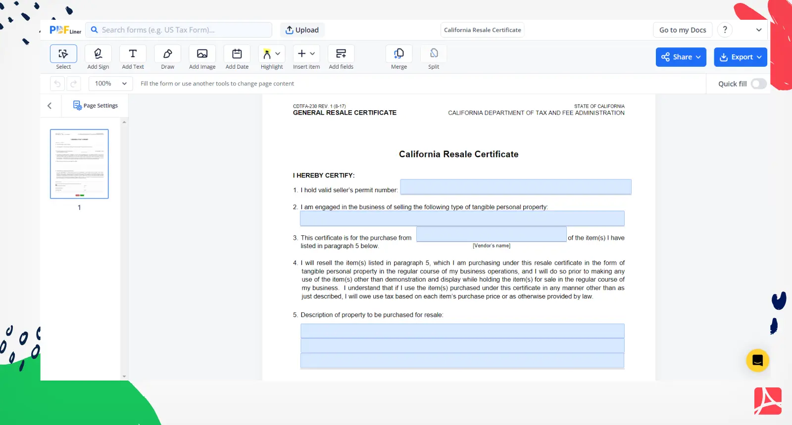 California Resale Certificate Form Screenshot