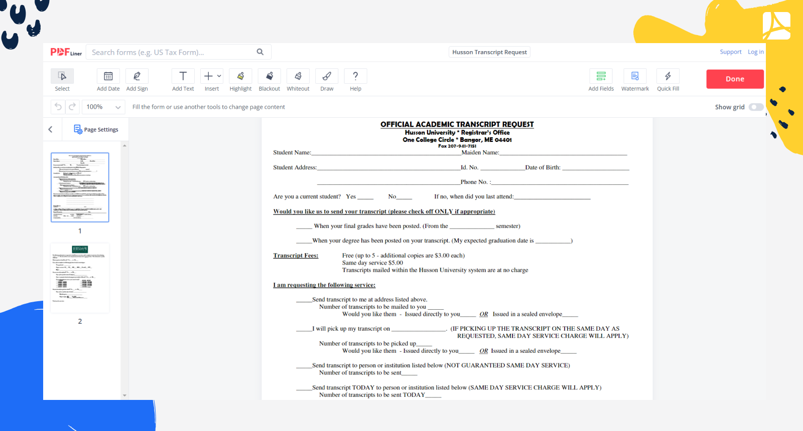 Husson Transcript Request Form Screenshot