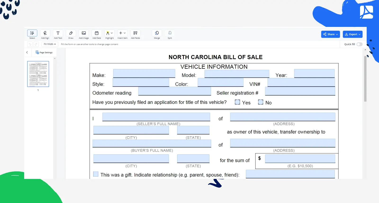 North Carolina Motor Vehicle Bill of Sale Screenshot