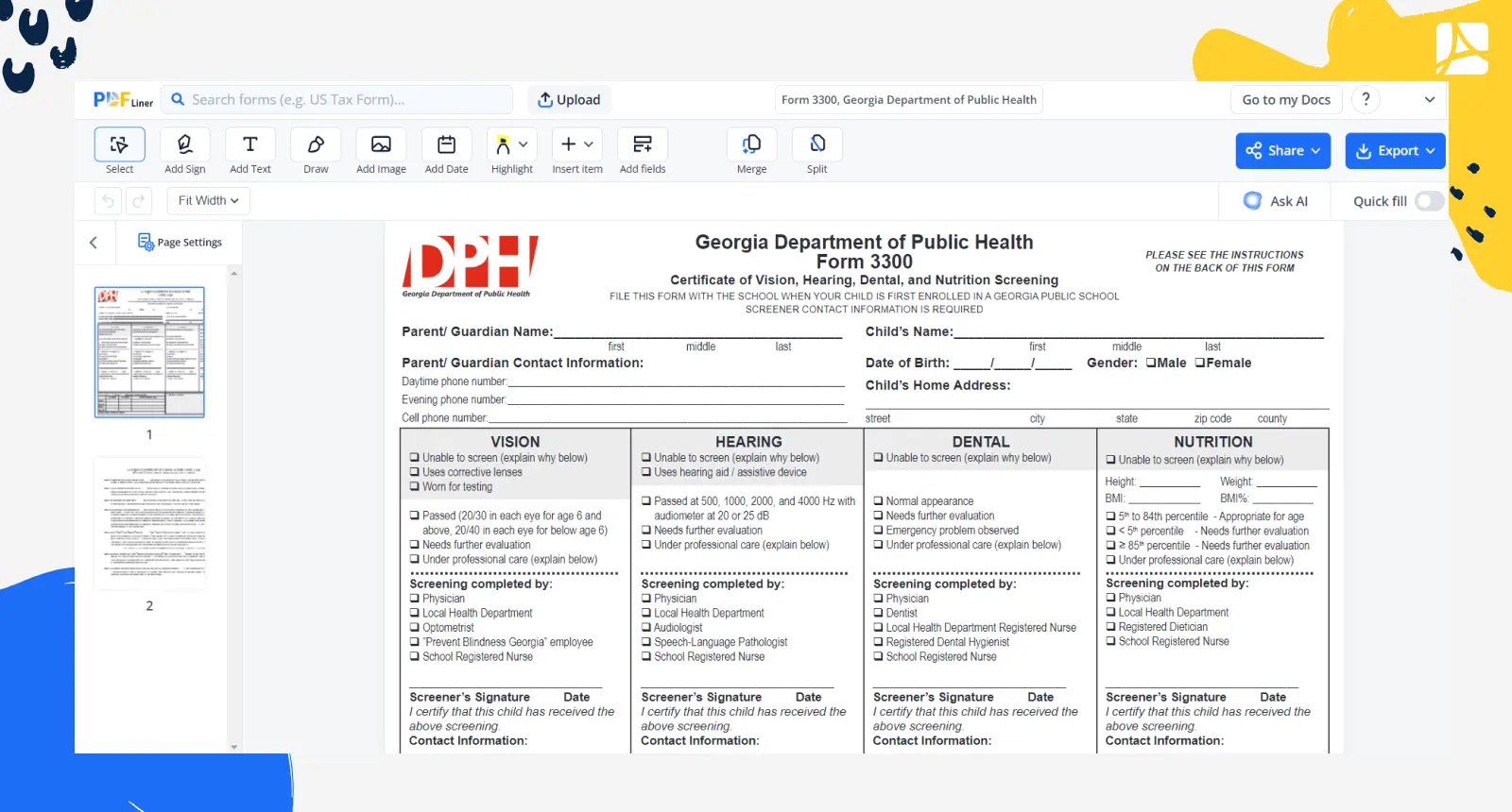 Form 3300 Georgia Department of Public Health Screenshot